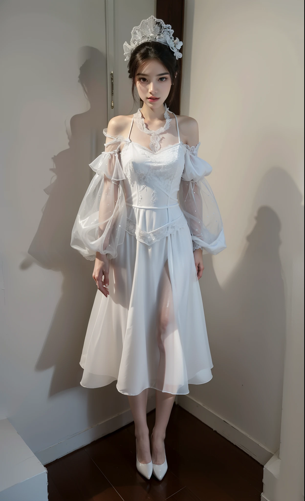 Imperial sister,A detailed eye,Detailed faces,mature face,Ripe body,Tall figure,alluring figure,legs long,4K,k hd,fleshy feeling,White translucent lace,Fair and plump figure,Nice face,Cherry small mouth,beautiful and delicious(3D royal sister),a plump buttocks,gloss gel coat,wearing high heels