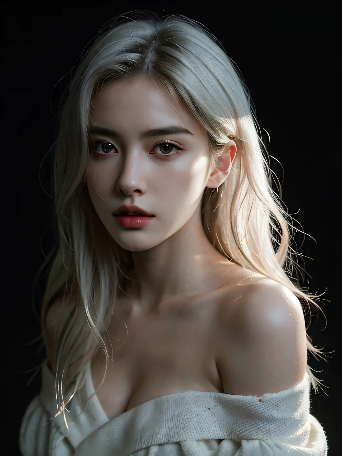 Best quality, masterpiece, ultra high res, (photorealistic:1.5), raw photo, 1girl, offshoulder, in the dark, deep shadow, low key, cold light, sexy look, white hair, long wavy hair