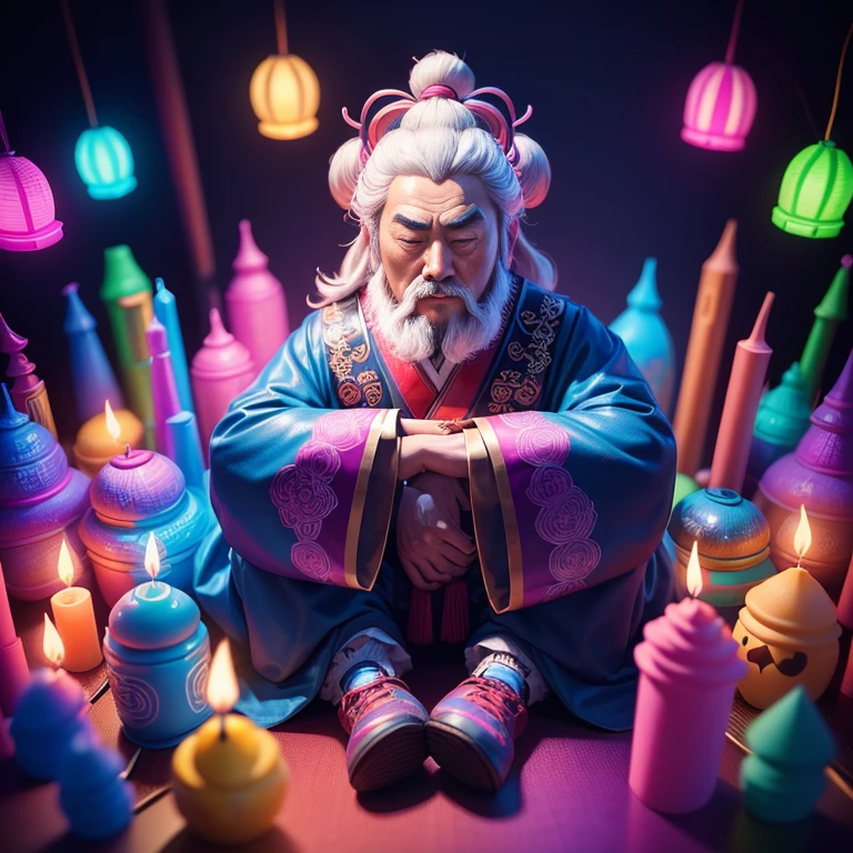 Confucius was a renowned Chinese philosopher whose doctrine was called Confucianism. in a pile of candle and candle canes, cute colorful, digital painting, cute detailed digital art, hyper colorful, neon coloring, cute digital art, beeple colors, colorful hd picure, beeple and jeremiah ketner, glowing lights! digital painting, cute 3 d render