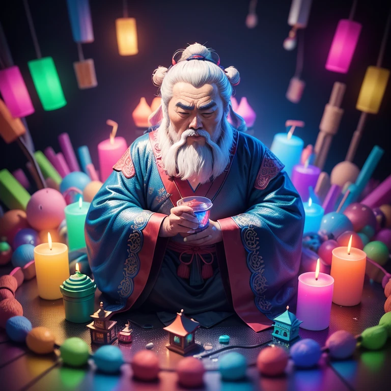 Confucius was a renowned Chinese philosopher whose doctrine was called Confucianism. in a pile of candle and candle canes, cute colorful, digital painting, cute detailed digital art, hyper colorful, neon coloring, cute digital art, beeple colors, colorful hd picure, beeple and jeremiah ketner, glowing lights! digital painting, cute 3 d render