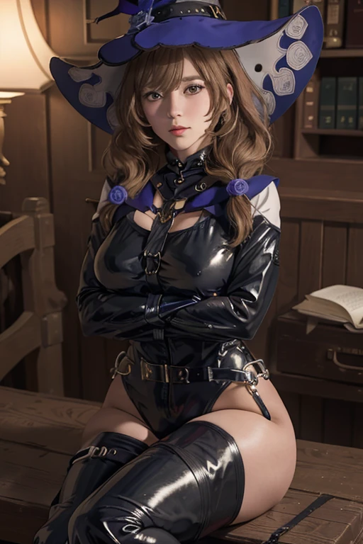1girl, lisa (genshin impact), latex catsuit, folded arms, fidden hands, hidden fingers, harness bondage, straps {belt},