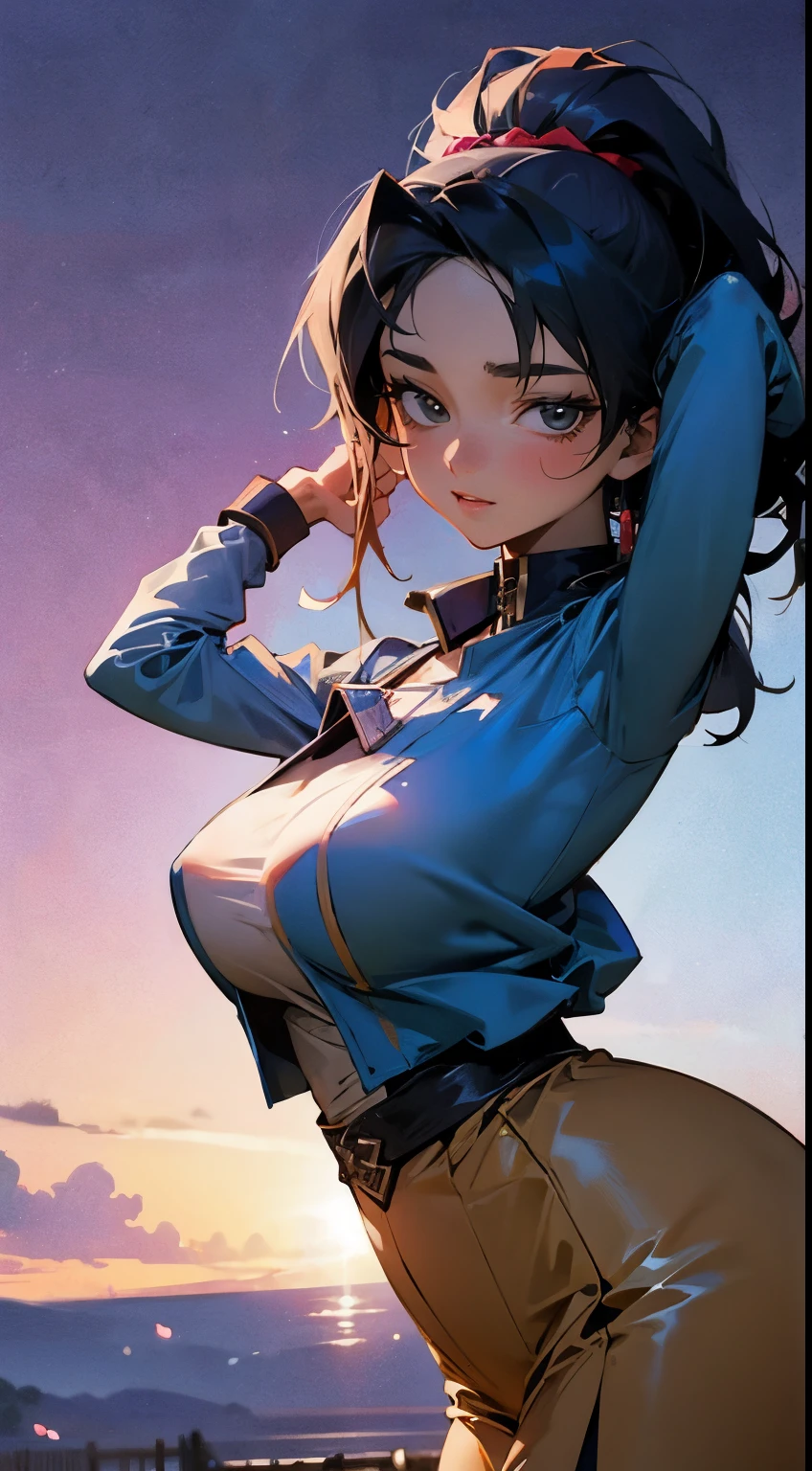 estilo anime, atirar de baixo, best possible quality, mulher de beleza jovem nua, frontal , pubic hair
