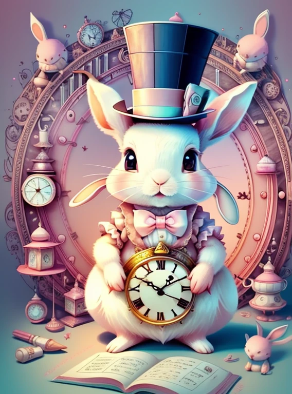 (cute baby rabbit with pink top hat and lots of clocks), Munchkin ,Geometric multidimensional wall portrait, livro de arte, Tchibi,
Yang08k, Beautiful, Colouring,
Obras, of the highest quality, best quality, Arte Oficial, Beautiful and Aesthetic,