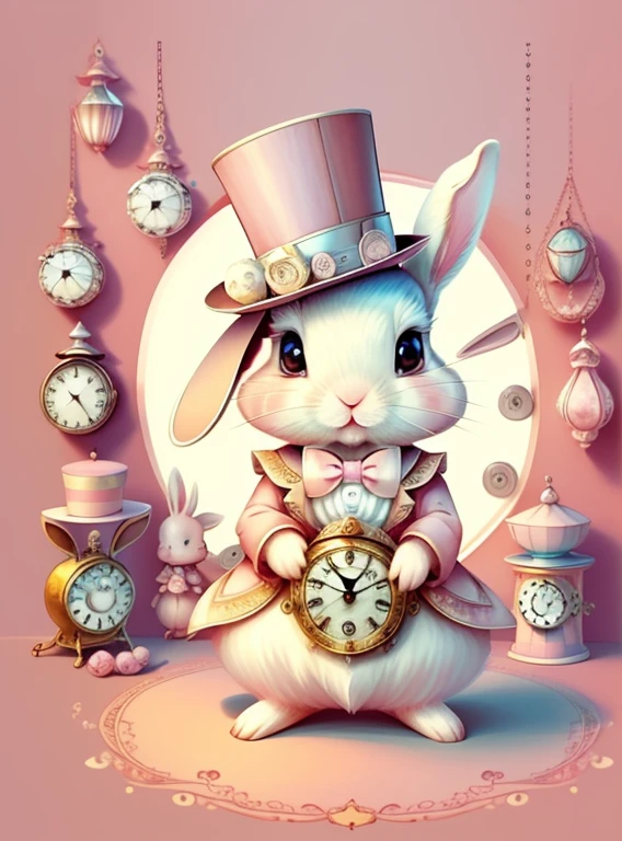 (cute baby rabbit with pink top hat and lots of clocks), Munchkin ,Geometric multidimensional wall portrait, livro de arte, Tchibi,
Yang08k, Beautiful, Colouring,
Obras, of the highest quality, best quality, Arte Oficial, Beautiful and Aesthetic,