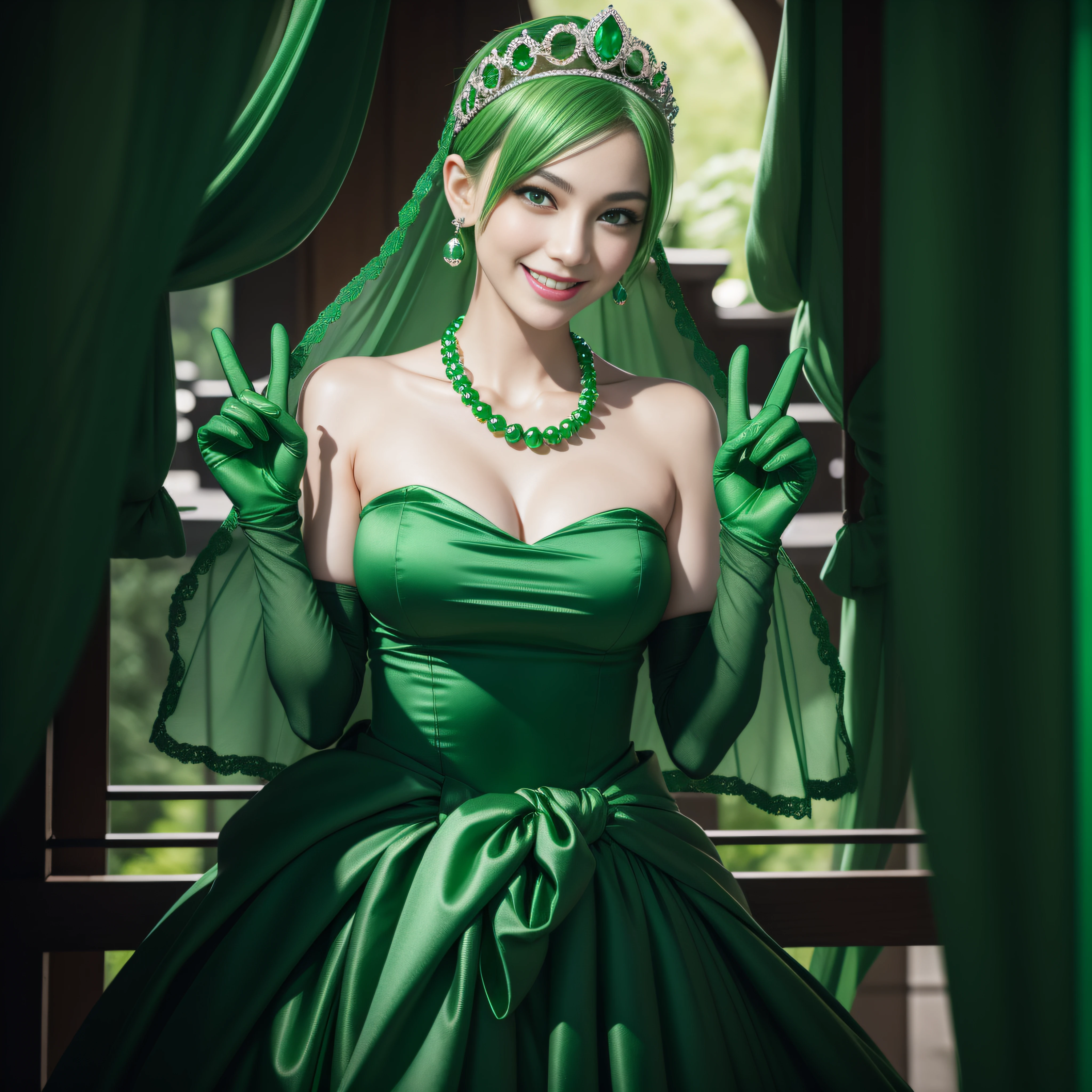 emerald tiara, Green Pearl Necklace, Boyish very short green hair, lipsticks, Japan woman smiling, very short short hair, big breasts beautiful, Green eyes, Long green gloves made of satin material, Green eyes, Emerald Earrings, green vale, v sign
