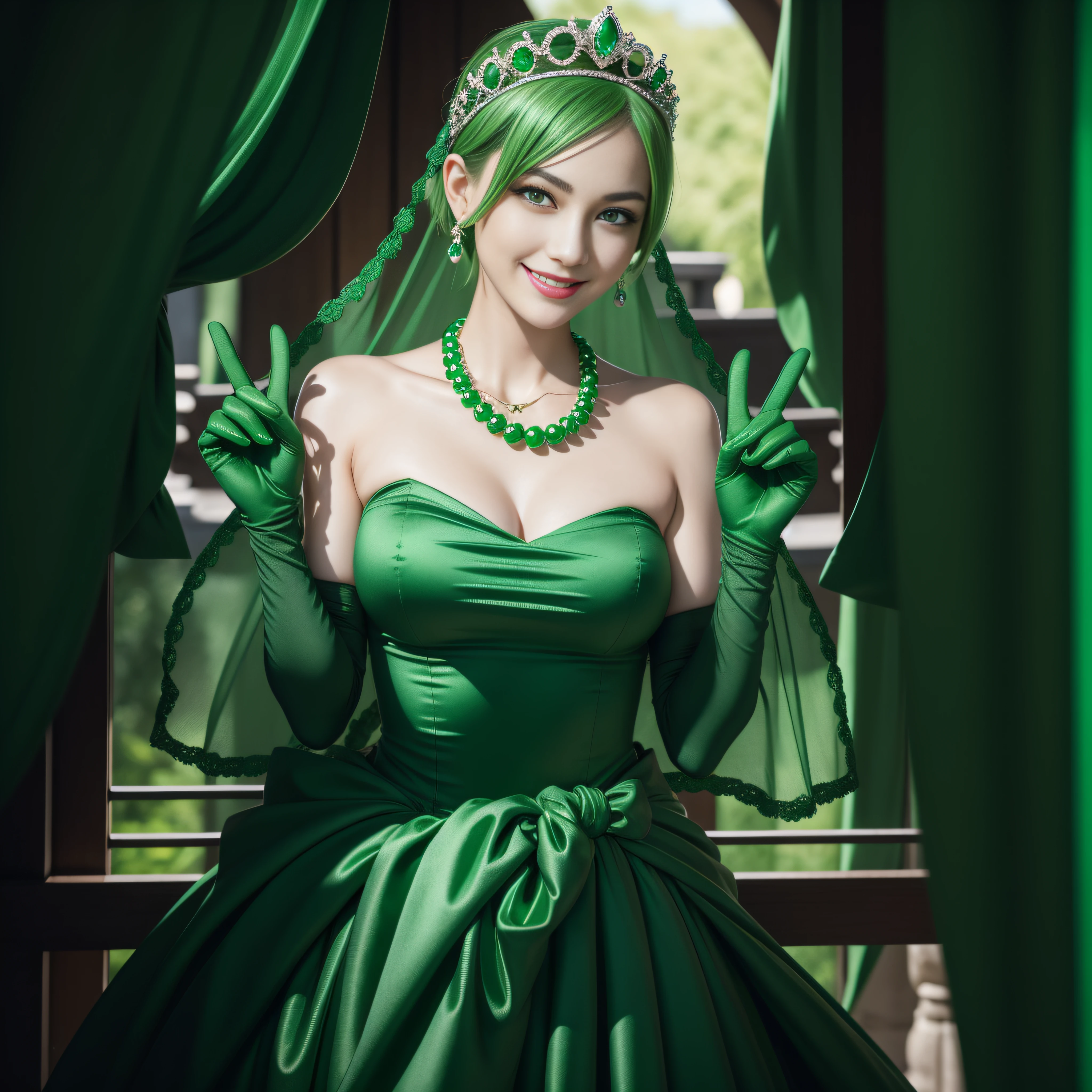 emerald tiara, Green Pearl Necklace, Boyish very short green hair, lipsticks, Japan woman smiling, very short short hair, big breasts beautiful, Green eyes, Long green gloves made of satin material, Green eyes, Emerald Earrings, green vale, v sign