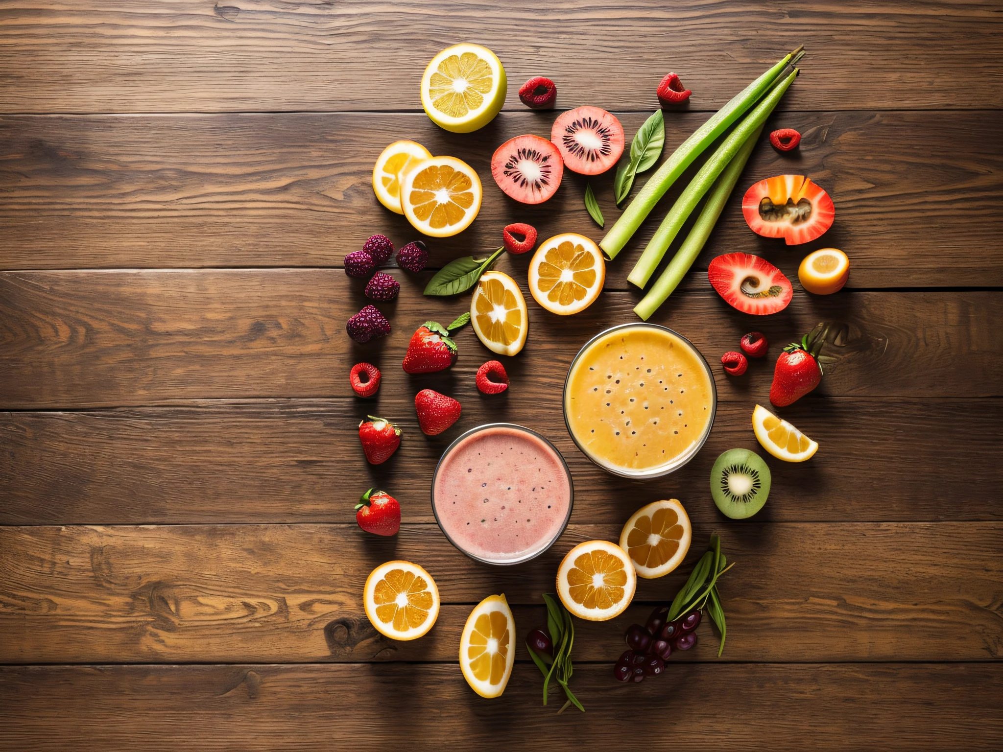 Freshly squeezed fruit and vegetable juice smoothie with fruit and vegetable toppings on a RUSTIC wooden background cutout