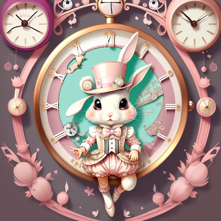 (cute  rabbit with pink top hat and lots of clocks), Munchkin ,Geometric multidimensional wall portrait, livro de arte, Tchibi,
Yang08k, Beautiful, Colouring,
Obras, of the highest quality, best quality, Arte Oficial, Beautiful and Aesthetic,