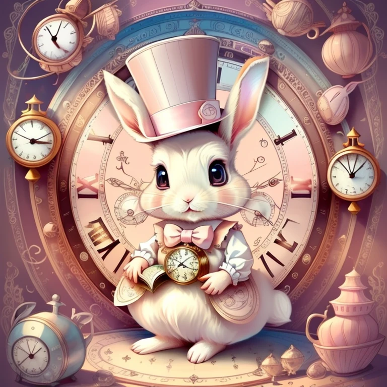 (cute baby rabbit with pink top hat and lots of clocks), Munchkin ,Geometric multidimensional wall portrait, livro de arte, Tchibi,
Yang08k, Beautiful, Colouring,
Obras, of the highest quality, best quality, Arte Oficial, Beautiful and Aesthetic,
