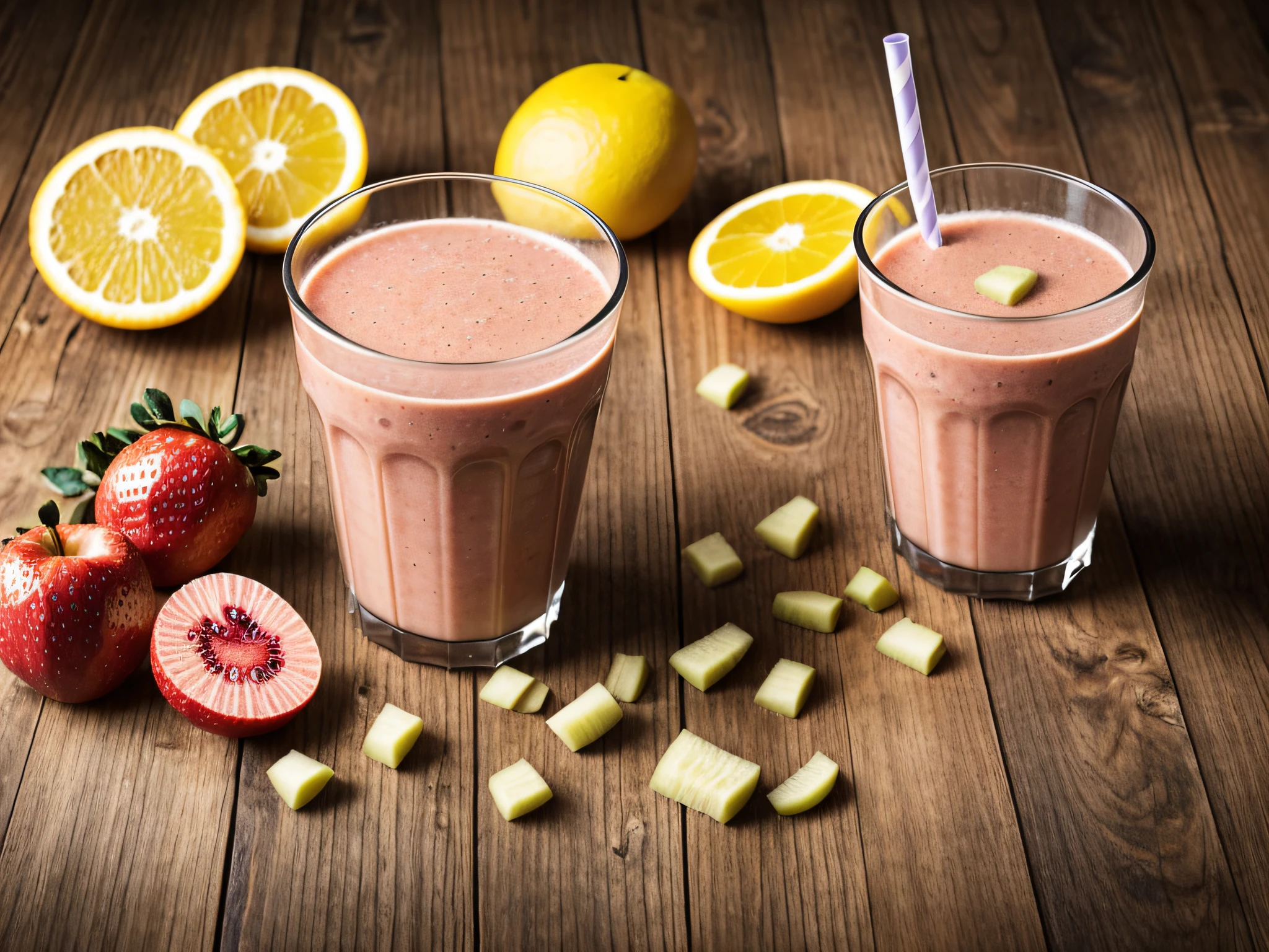Freshly squeezed fruit and vegetable juice smoothie on a rustic wooden background