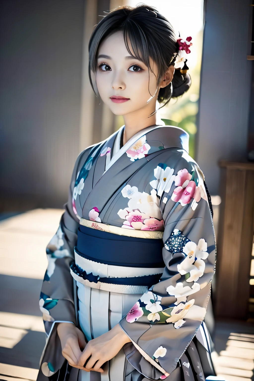 (((gray floral background:1.3)))、Best Quality, masutepiece, High resolution, (((1girl in))), sixteen years old,(((Eyes are gray:1.3)))、Gray kimono、((beautiful gray kimono)), Tindall Effect, Realistic, Shadow Studio,Ultramarine Lighting, dual-tone lighting, (High Detail Skins: 1.2)、Pale colored lighting、Dark lighting、 Digital SLR, Photo, High resolution, 4K, 8K, Background blur,Fade out beautifully、gray flower world