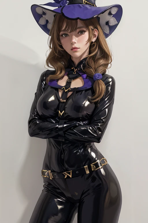 1girl, lisa (genshin impact), latex catsuit, folded arms, fidden hands, hidden fingers, harness bondage, straps {belt},