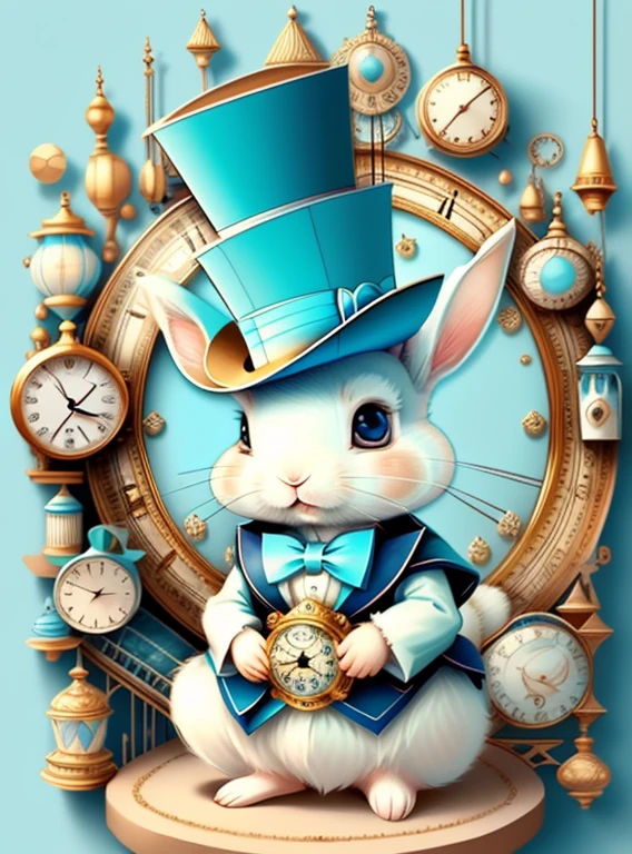 (cute baby rabbit with light blue top hat and lots of clocks), Munchkin ,Geometric multidimensional wall portrait, livro de arte, Tchibi,
Yang08k, Beautiful, Colouring,
Obras, of the highest quality, best quality, Arte Oficial, Beautiful and Aesthetic,