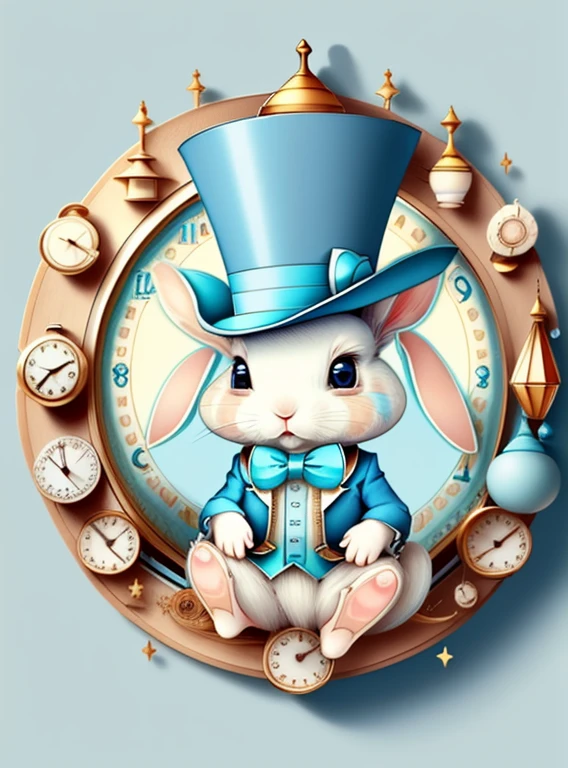 (cute baby rabbit with light blue top hat and lots of clocks), Munchkin ,Geometric multidimensional wall portrait, livro de arte, Tchibi,
Yang08k, Beautiful, Colouring,
Obras, of the highest quality, best quality, Arte Oficial, Beautiful and Aesthetic,