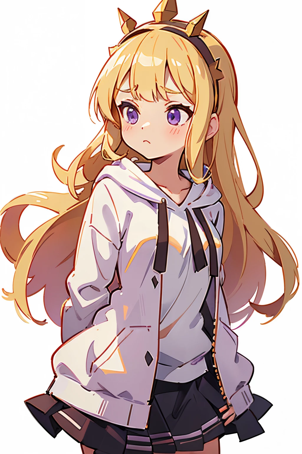 cute loli, blonde hair, purple eyes, Cagliostro, long hair, (wearing casual clothes, white hoodie, black skirt, mini skirt), thighhighs, (hairband, crown), small breasts, neutral, closed mouth, face focus, arms behind back, upper body, looking away, white background, transparent background, masterpiece, 8k, best quality