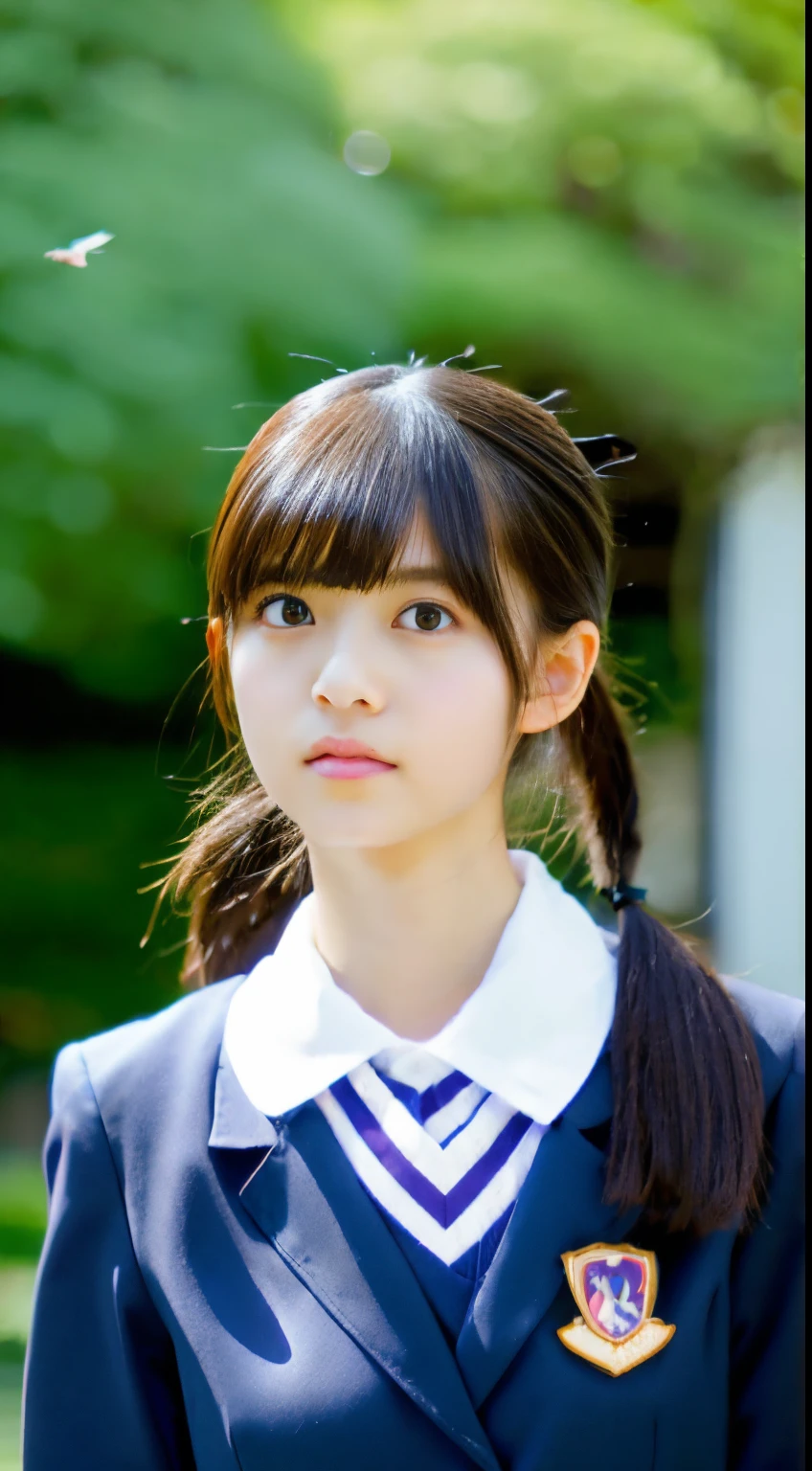 campus trip, 14 Years Old Girl, Japanese high school uniform, flying birds, By bangs, long whitr hair, pony tails