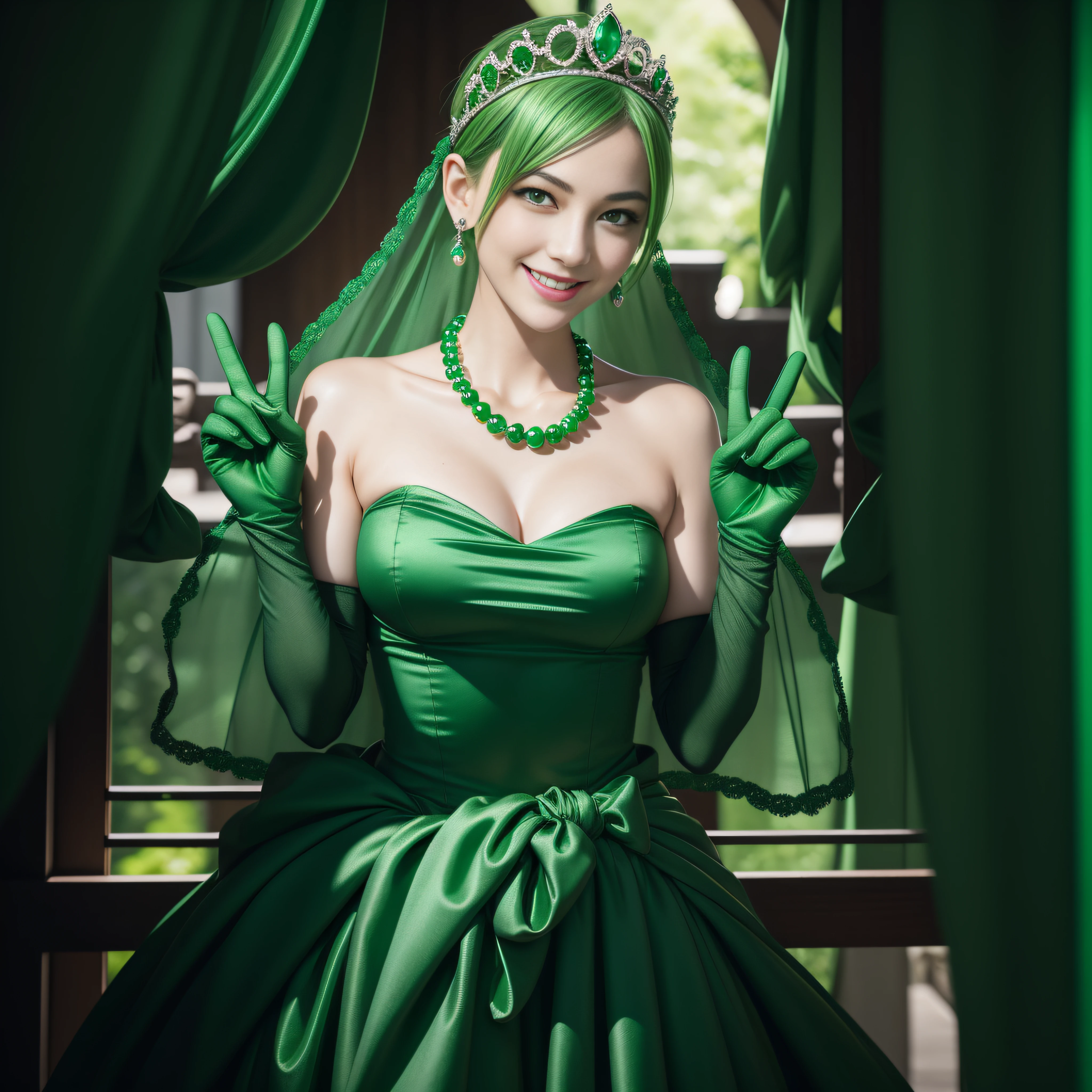 emerald tiara, Green Pearl Necklace, Boyish very short green hair, lipsticks, Japan woman smiling, very short short hair, big breasts beautiful, Green eyes, Long green gloves made of satin material, Green eyes, Emerald Earrings, green vale, v sign