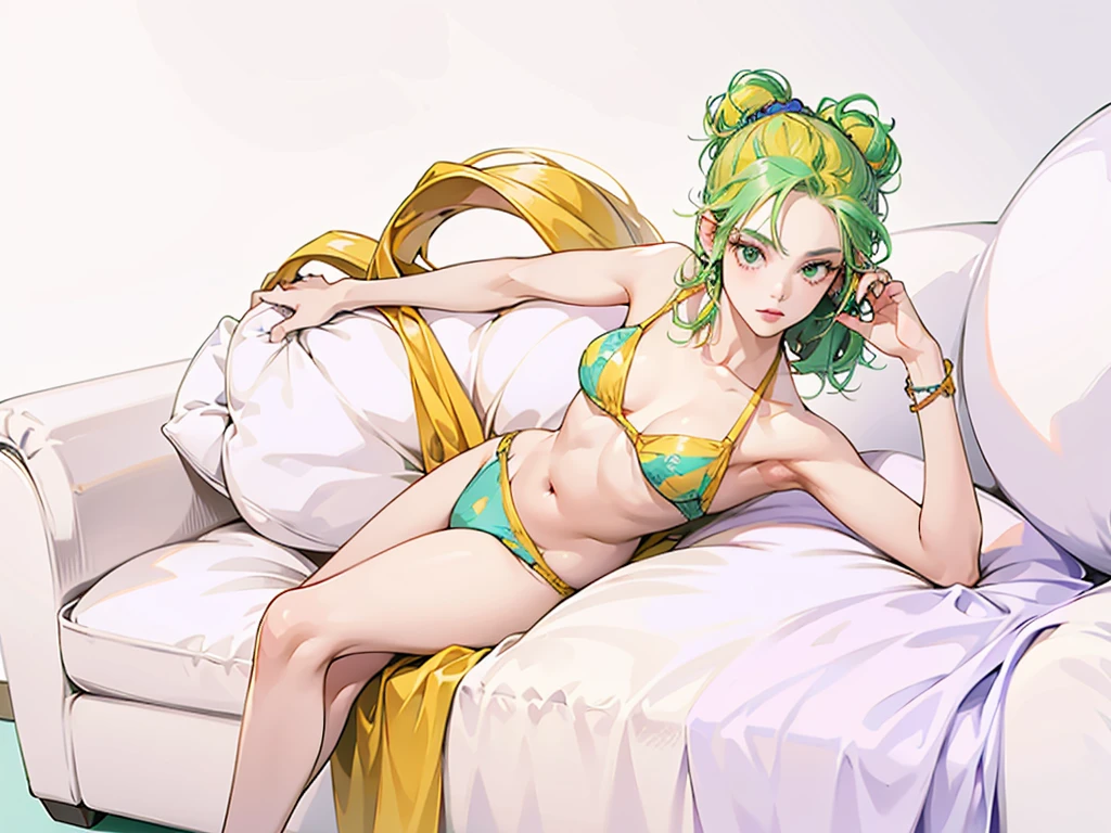 (best quality, alto, vivid colors) A woman sitting on a common sofa, with one arm elegantly resting on the arm of the sofa. Your other arm is supporting your face, with your elbow resting on the edge of the sofa. Ela tem uma perna progressiva dobrada, resting comfortably on the sofa, while the other leg is stretched. Her hair is beautifully tied up. She is wearing a vibrant colored bikini, adding a pop of color to the scene. The overall image should be vivid and full of life, with attention to the details of the woman'S pose, expression, and the textures of the sofa and bikini. Senso de perspectiva