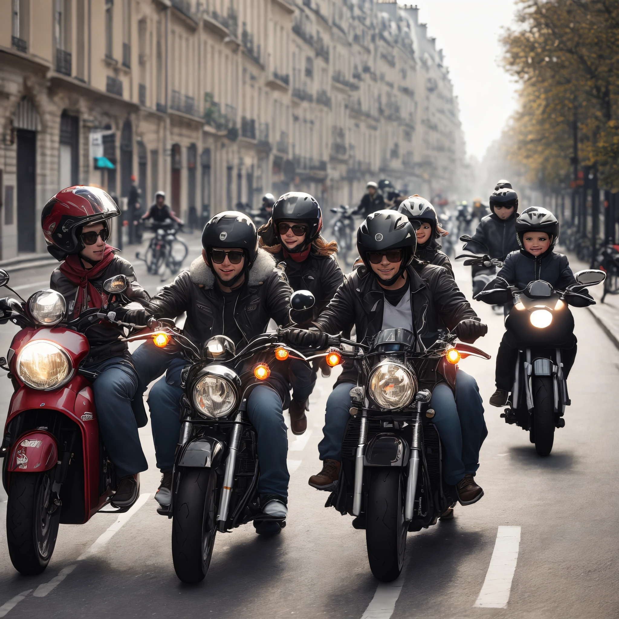 Groupe de 5 bikers avec casque et lunettes de soleil en tenue de père noel roulant sur leurs Harley dans les rues de paris avec des enfants en passager