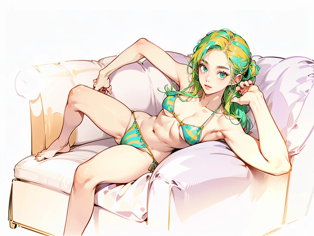 (best quality, alto, vivid colors) A woman sitting on a common sofa, with one arm elegantly resting on the arm of the sofa. Your other arm is supporting your face, with your elbow resting on the edge of the sofa. Ela tem uma perna progressiva dobrada, resting comfortably on the sofa, while the other leg is stretched. Her hair is beautifully tied up. She is wearing a vibrant colored bikini, adding a pop of color to the scene. The overall image should be vivid and full of life, with attention to the details of the woman'S pose, expression, and the textures of the sofa and bikini. Sentido de perspectiva
