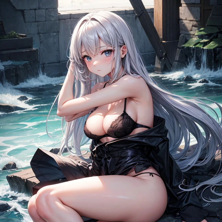 ^_^Best Quality,逼真,hiquality, tmasterpiece,cabelos preto e longos,White camisole、fist,1girl in,Solo、Open_Bocchi,Adults、large full breasts、Small camisole、Breasts spilling out of the camisole、Big breasts that attract men、chubby body、japanese beauty girl、Emphasize the chest with both hands、thighs thighs thighs thighs、hason、Embarrassed look、seductiv、Underwear with a small area、Sheer underwear、Peeling off、Not wearing a skirt、Black pants、Lace pants、Delicate arms、Lightly clasped hands、Cover your chest with your arms、bra removed、