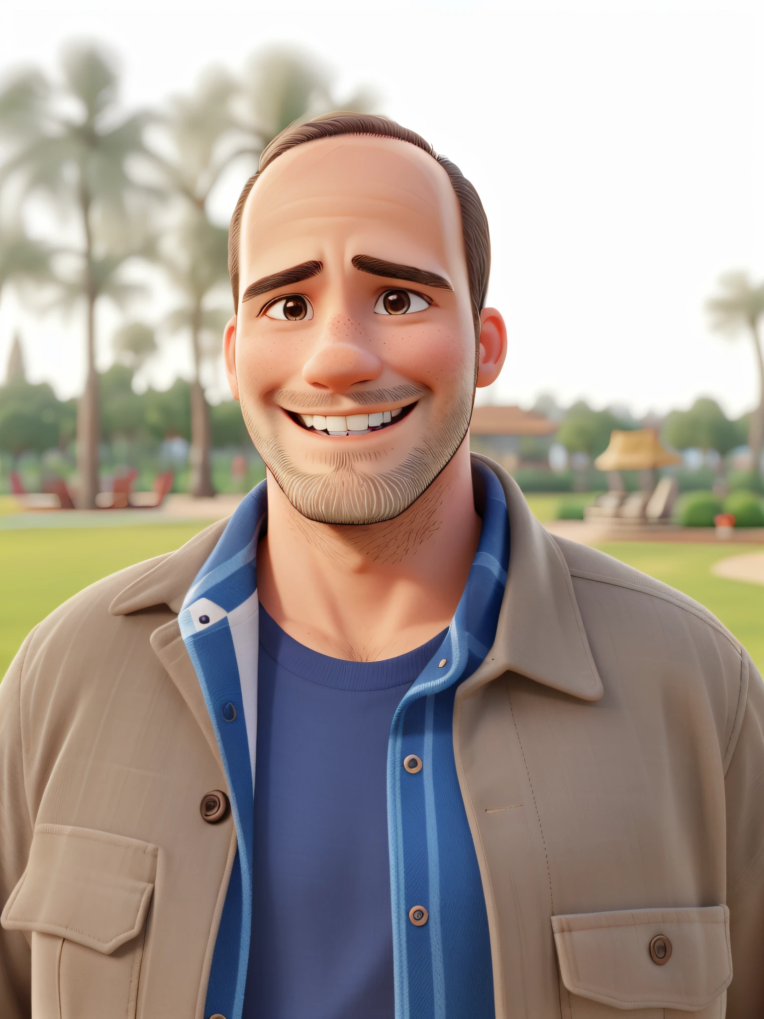 The person is smiling, the place is a park.
Little hair and little beard.