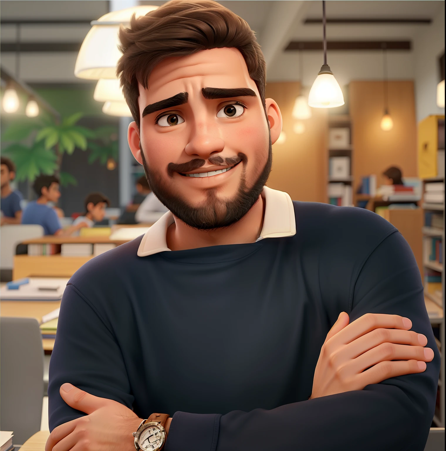Um jovem de 23anos com barba  parado na frente, illuminated by the light of a lamp, contra o pano de fundo de uma biblioteca