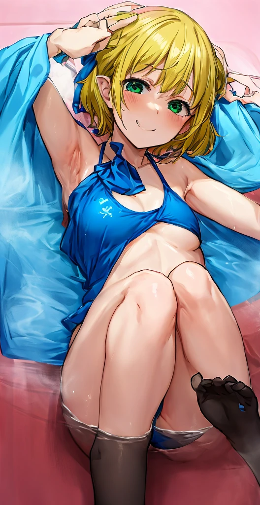 anime girl in a bikini forming a a heart with her hands and arms, short haircut style, blonde, green eyes, pointy ears, blue realistic bikini, small curvy , seductive anime girl, calm smile, swimsuit, bathing suit, black knee high socks, putting her arms on her breasts, by Kentaro Miura, blue bikini, attire: bikini, by Yoshihiko Wada, in bikini, at pixiv, is wearing a swimsuit, in a bikini, cutesexyrobutts, smooth anime cg art, white background