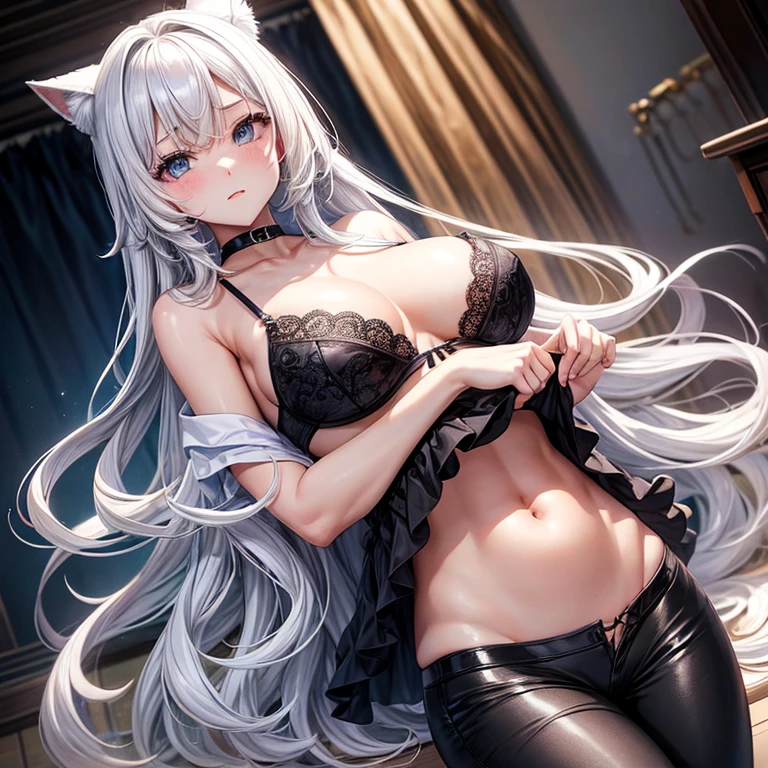 ^_^Best Quality,逼真,hiquality, tmasterpiece,cabelos preto e longos，White camisole、fist，1girl in，Solo、Open_Bocchi，Adults、Mature body、large full breasts、Small camisole、Breasts spilling out of the camisole、Big breasts that attract men、chubby body、japanese beauty girl、Emphasize the chest with both hands、thighs thighs thighs thighs、hason、Embarrassed look、seductiv、Underwear with a small area、Sheer underwear、Peeling off、Not wearing a skirt、Black pants、Lace pants、Delicate arms、bra removed、