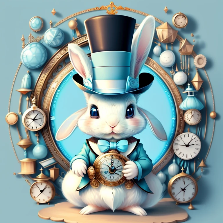(cute baby rabbit with light blue top hat and lots of clocks), Munchkin ,Geometric multidimensional wall portrait, livro de arte, Tchibi,
Yang08k, Beautiful, Colouring,
Obras, of the highest quality, best quality, Arte Oficial, Beautiful and Aesthetic,