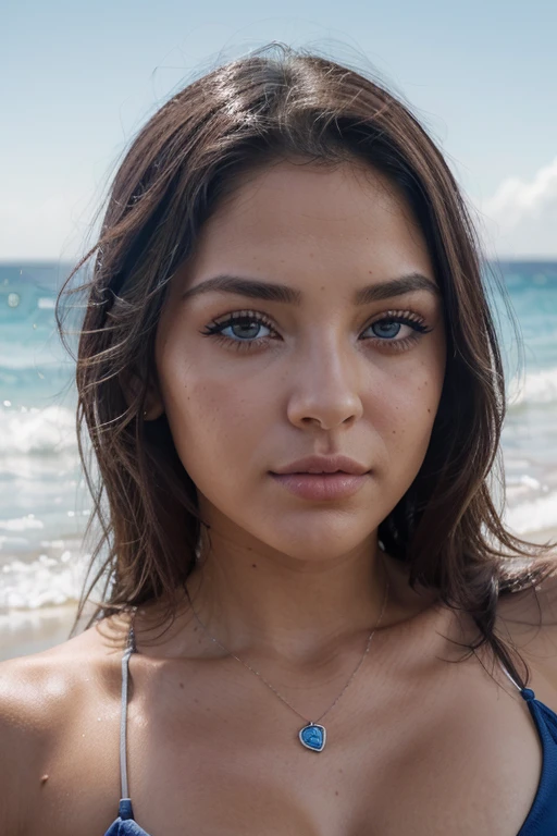 arafed woman wearing a black bikini lounging on the beach, 22 year old Brunette, portrait sophie mudd, brown hair curly and large eyes, selfie of a young woman, violet myers, without makeup, natural makeup, sunny day