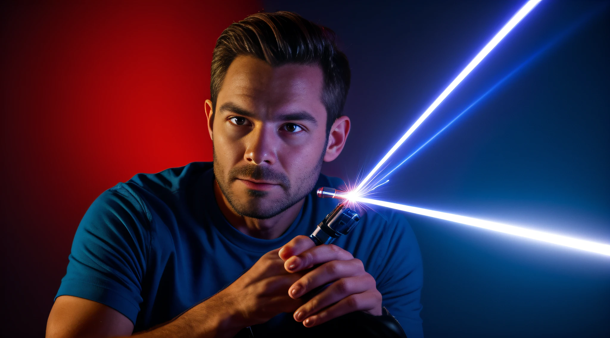 um close de um homem sentado sobre uma bateria, luzes de fundo azuis, Laser azul.