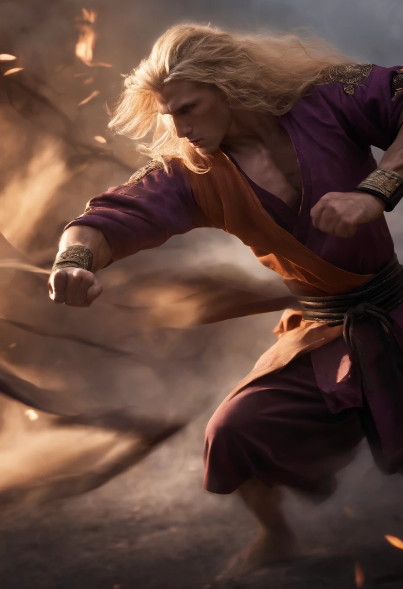Aemond is seen fiercely sparring with his best friend Criston in a martial arts dojo, displaying intense focus and determination.,original,He is tall and fit. He has muscles but is thin. He is in his late twenties. He has long blonde hair and a violet eye. His other eye is prosthetic. He often wears black casual clothes. He is a man., male