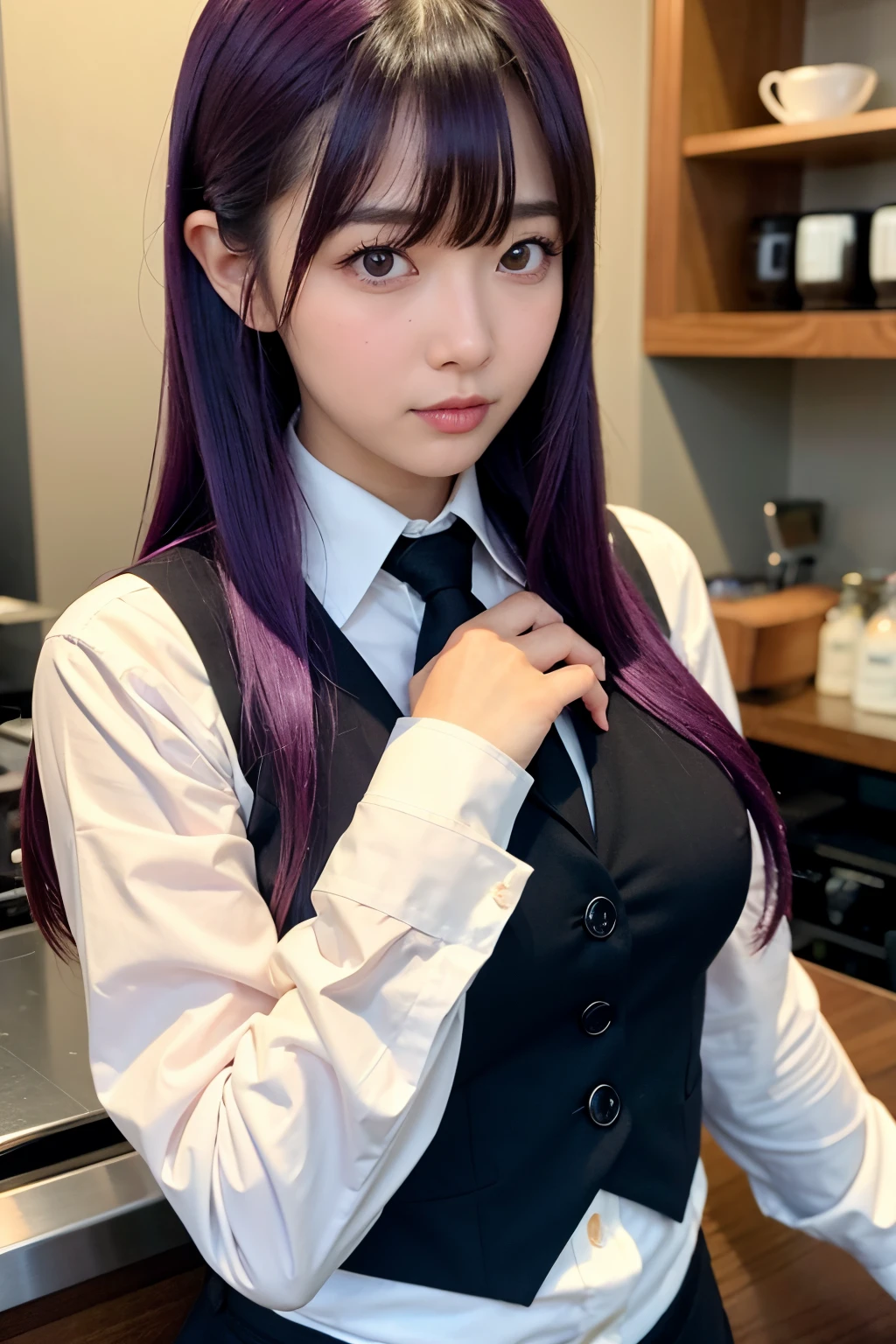 1girl in, Solo, Bangs, blush, hands on own breasts, Jill Stingray, Long sleeves, Looking at Viewer, Purple hair, medium breasts, neck tie, Shirt, Solo, Upper body, vests, barista, vests, White shirt,