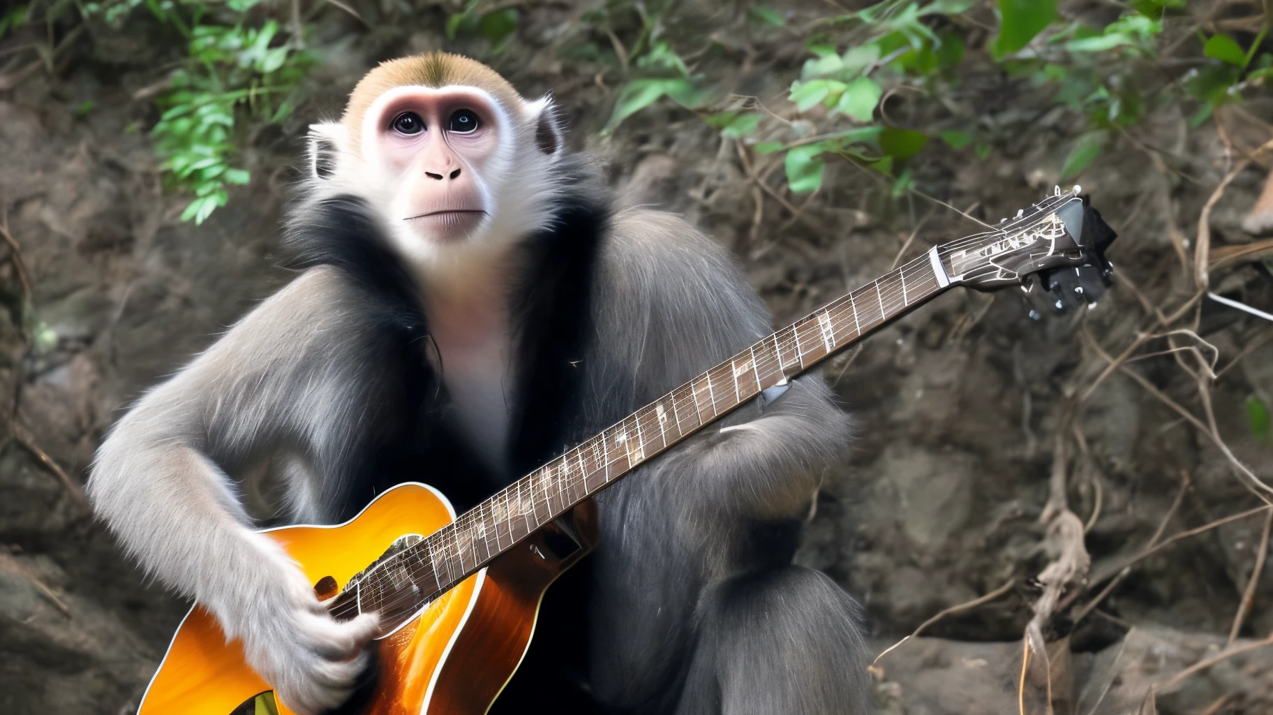 A monkey that is white with a guitar in his hand