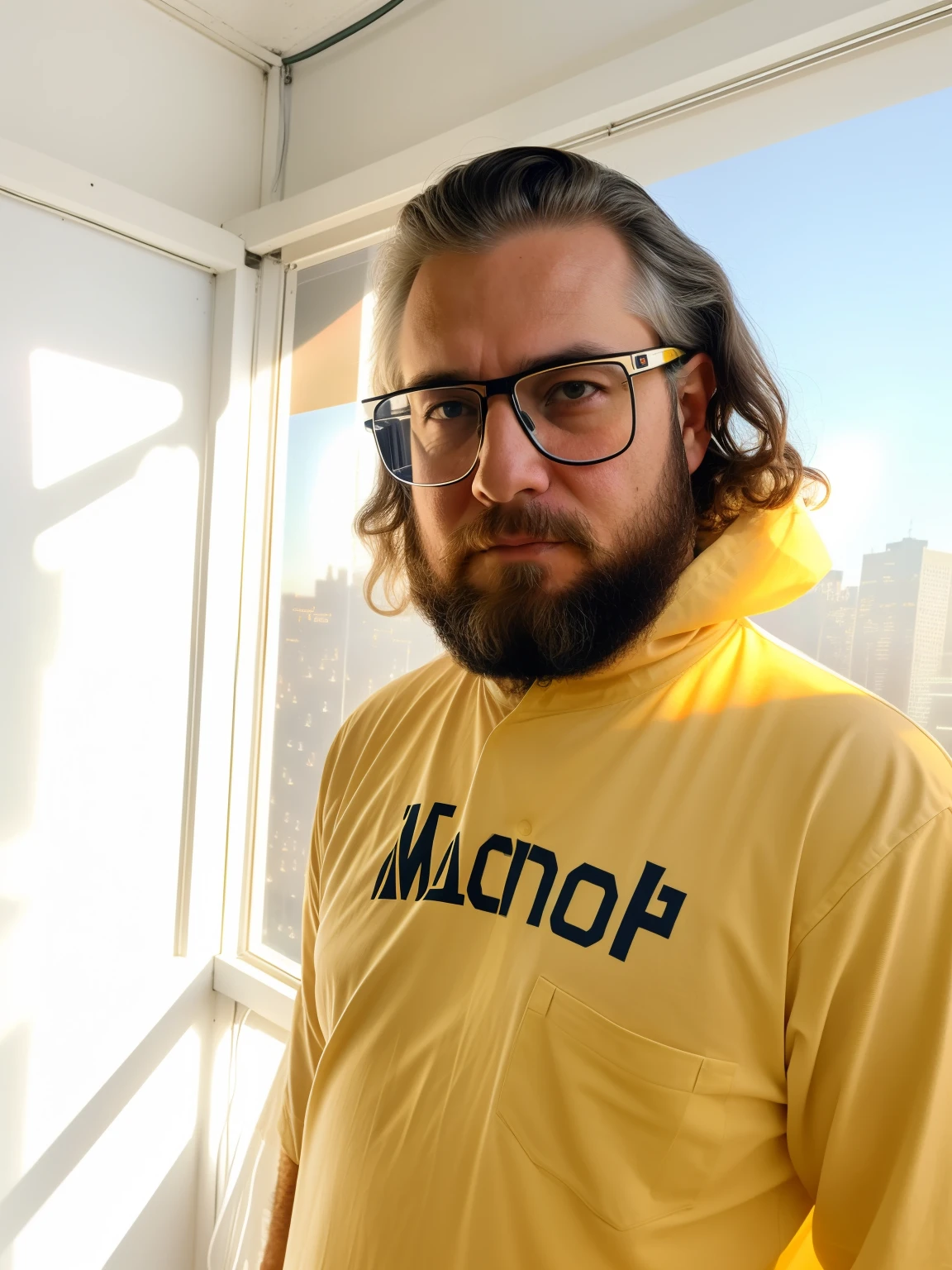 A wise adult standing in front, with super technological glasses, large beard, some white hairs in his beard and hair, illuminated by the light of a lamp, against the backdrop of matrix-style computer codes