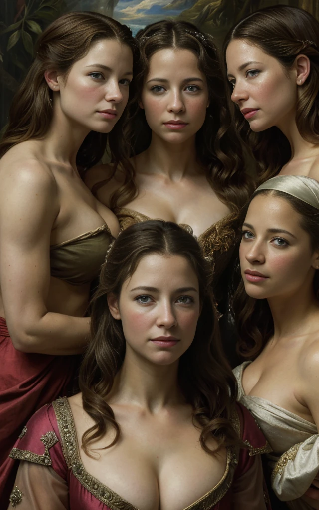 (the three graces of Rubens),(one with the face of Emily Rudd the second with the face of Evangeline Lilly and the third with the face of Alicia Vikander), modern version of the picture, masterpiece, hyperdetailed painting, ((3girls)).