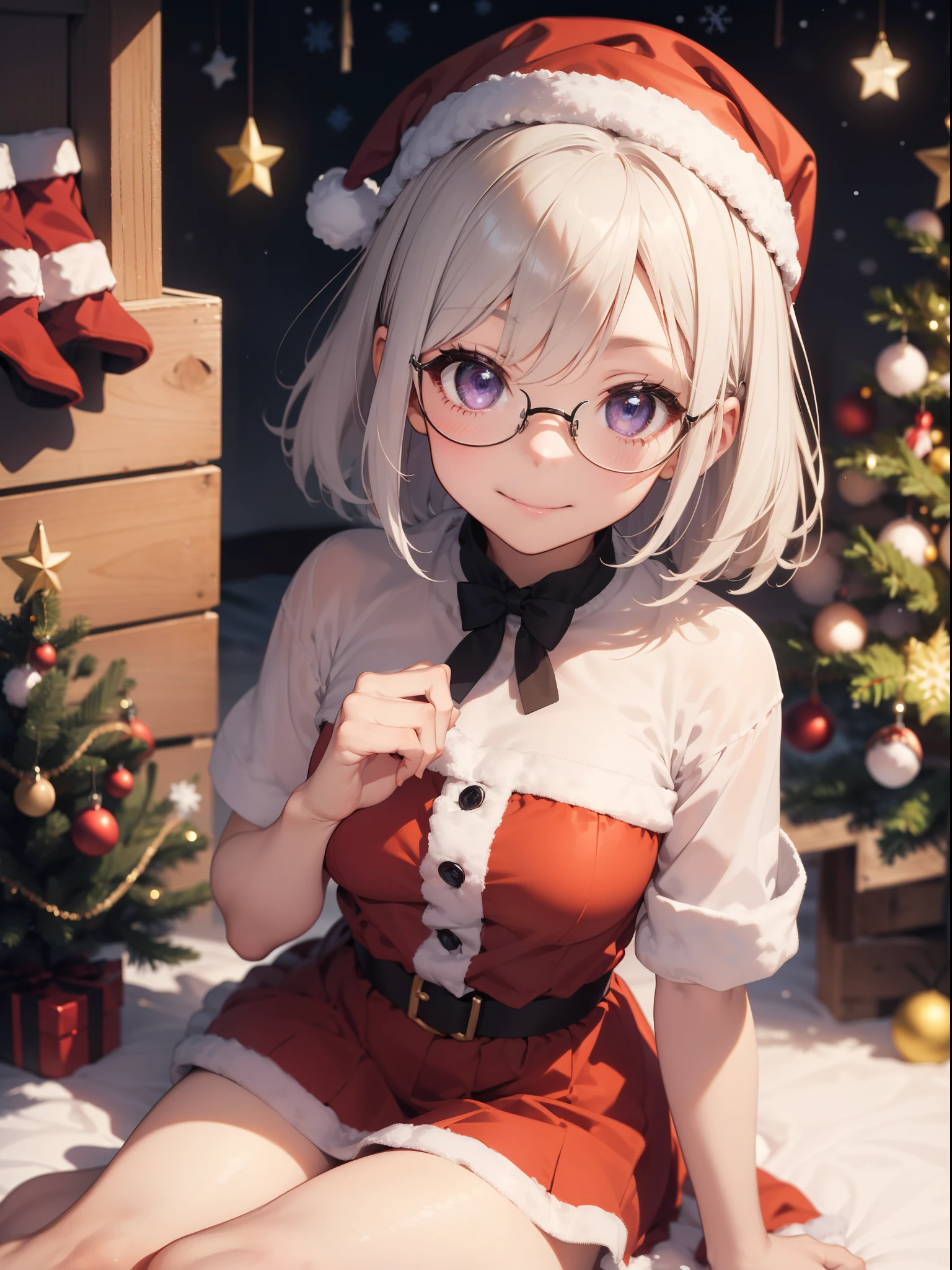 great masterpiece、hight resolution、1girl in、Santa Clothes、、a miniskirt、eye glass、Bob Hair、Long sideburns、white hair、Light purple eyes、I'm holding a very small Christmas tree in my hand.、Sitting on the ground with knees upright、low angle shot、A smile