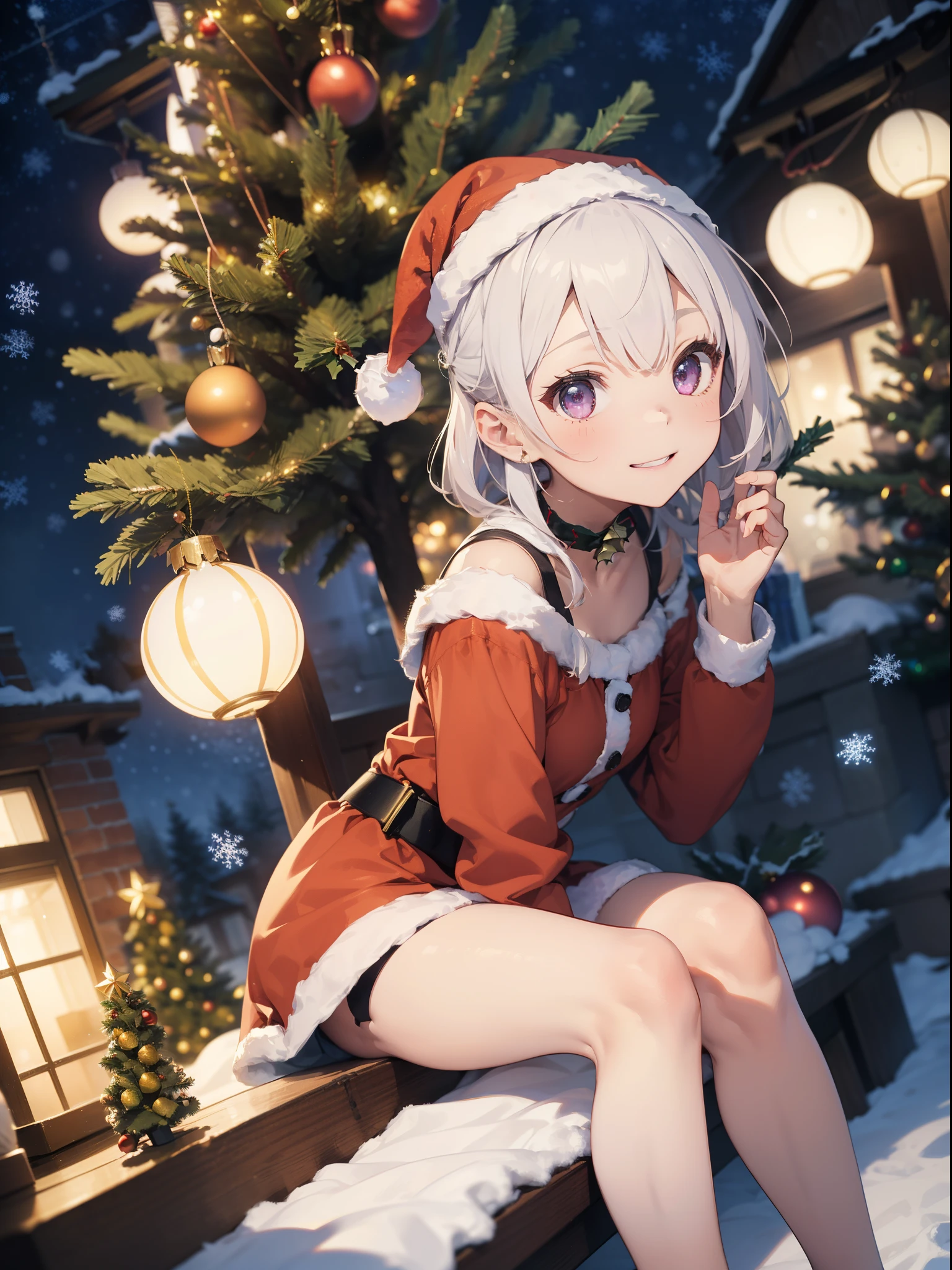 great masterpiece、hight resolution、1girl in、Santa Clothes、、a miniskirt、eye glass、Bob Hair、Long sideburns、white hair、Light purple eyes、(((i'I have a very small Christmas tree in my hand)))、Sitting on the ground with knees upright、low angle shot、A smile