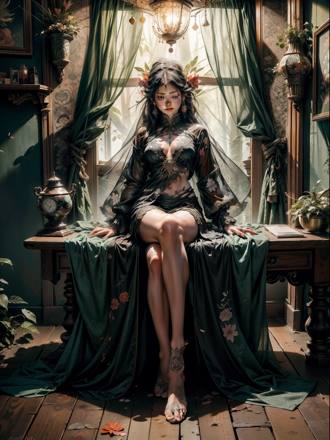 1sexy girl with forest clothes, flowers, leaves, mandalas, fractal,, Sleeping Beauty, by Bella🦋 full body, beautiful girl sleeping, room with mirror, girl sleeping on bed and sheets, old clock and lamp on table, full body, black hair, Transparent clothing,open legs, view of pubic hair, 1 sexy girl in transparent forest clothes,exposed breasts, open transparent t-shirt,mandala and flower tattoos, La mejor calidad, Obra maestra, llustration, muy delicado y hermoso, muy detallado, CG, Unidad, Fondo de pantalla de 8k, ridiculous, huge filesize, lente muy ancha, Luz suave,Sleeping Beauty, by Bella🦋 full body, beautiful girl sleeping, full body, black hair, Transparent clothing, slight smile,, open legs, view of pubic hair, 1 sexy girl in transparent forest clothes,exposed breasts, open transparent t-shirt,mandala and flower tattoos, La mejor calidad,