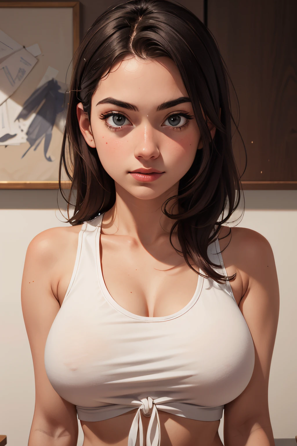 (masterpiece, best quality), 8k, portrait of a 22 yo female, white tank top, large breasts, tied up