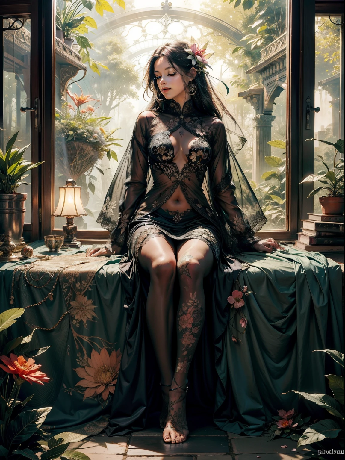 1sexy girl with forest clothes, flowers, leaves, mandalas, fractal,, Sleeping Beauty, by Bella🦋 full body, beautiful girl sleeping, room with mirror, girl sleeping on bed and sheets, old clock and lamp on table, full body, black hair, Transparent clothing,open legs, view of pubic hair, 1 sexy girl in transparent forest clothes,exposed breasts, open transparent t-shirt,mandala and flower tattoos, La mejor calidad, Obra maestra, llustration, muy delicado y hermoso, muy detallado, CG, Unidad, Fondo de pantalla de 8k, ridiculous, huge filesize, lente muy ancha, Luz suave,Sleeping Beauty, by Bella🦋 full body, beautiful girl sleeping, full body, black hair, Transparent clothing, slight smile,, open legs, view of pubic hair, 1 sexy girl in transparent forest clothes,exposed breasts, open transparent t-shirt,mandala and flower tattoos, La mejor calidad,