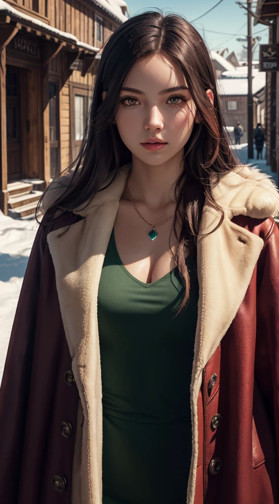 RAW, professional photograph, medium shot, photorealistic, realistic lights, realistic shadows, hyper-realistic, ray tracing, super detail, UHD, 8k, female, twenty years old, athletic body, soft facial features, long hair, straight hair, crimson hair, crimson eyes, bear fur coat, emerald necklace, winter, medieval town