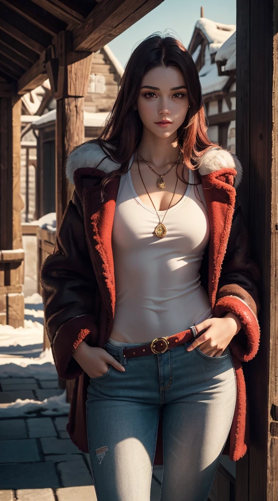 RAW, professional photograph, medium shot, photorealistic, realistic lights, realistic shadows, hyper-realistic, ray tracing, super detail, UHD, 8k, female, twenty years old, athletic body, soft facial features, long hair, straight hair, crimson hair, crimson eyes, bear fur coat, emerald necklace, winter, medieval town