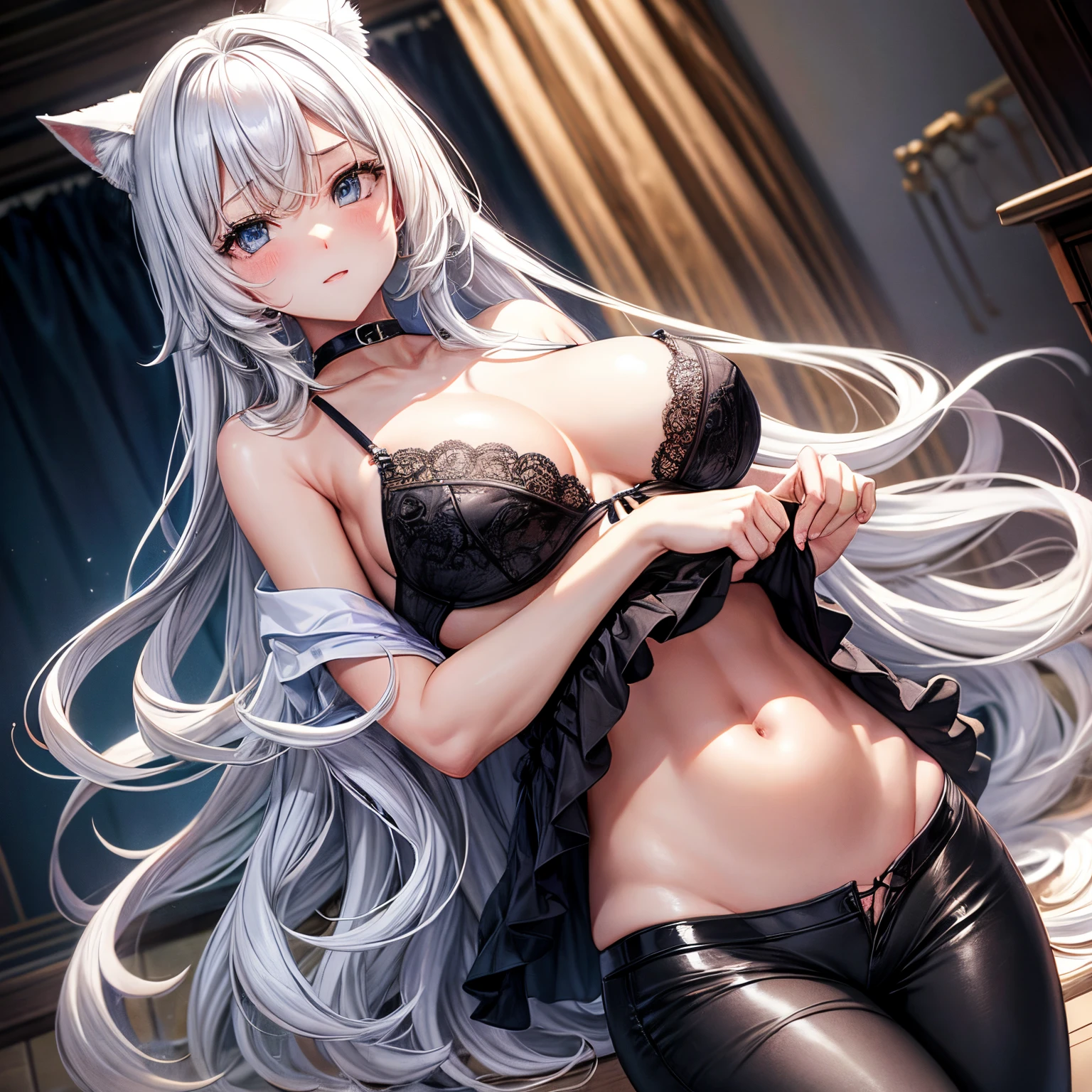 ^_^Best Quality,realisticlying,hiquality, tmasterpiece,cabelos preto e longos,White camisole、fist,1girl in,Solo、Open_Bocchi,Adults、Mature body、large full breasts、Small camisole、Breasts spilling out of the camisole、Big breasts that attract men、chubby body、japanese beauty girl、Emphasize the chest with both hands、thighs thighs thighs thighs、hason、Embarrassed look、seductiv、Underwear with a small area、Sheer underwear、Peeling off、Not wearing a skirt、Black pants、Lace pants、Delicate arms、bra removed、