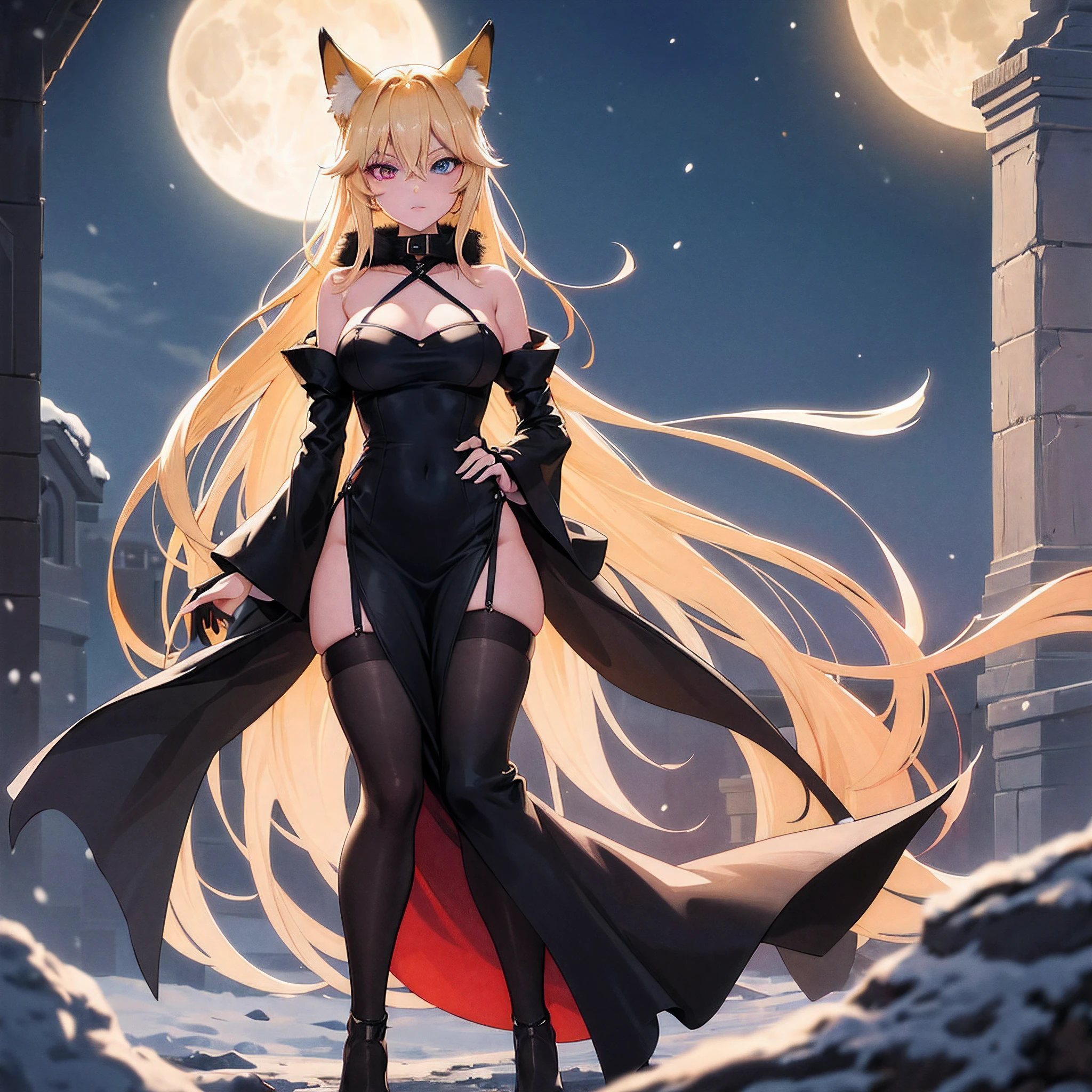 art noveau, masterpiece 1.3, golden ratio, firefox, fox ears, fox tail, bare skin, goth, anime, female, blonde hair, heterochromia, stockings, long black dress, thin black gloves, black coat with furr collar, night, full moon, one girl, winter, snow, single character