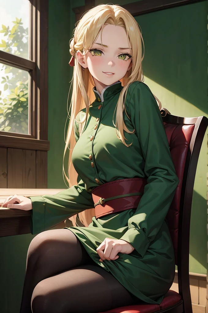 1girl, solo, 16 years old, loose blond hair, wearing velvet red leggings and green sweather, sitting on a chair in classroom, crossing legs, smiling embarassed, side view, bare forehead, hooked nose, puffy cheeks, small breast, alluring, flirty, confident, scornful look, malicious smirk, detailed face, detailed yellow eyes, detailed irises, thick fleshy lips, medieval, high res, best quality, ultrasharp, 8K, cinematic, green wall behind