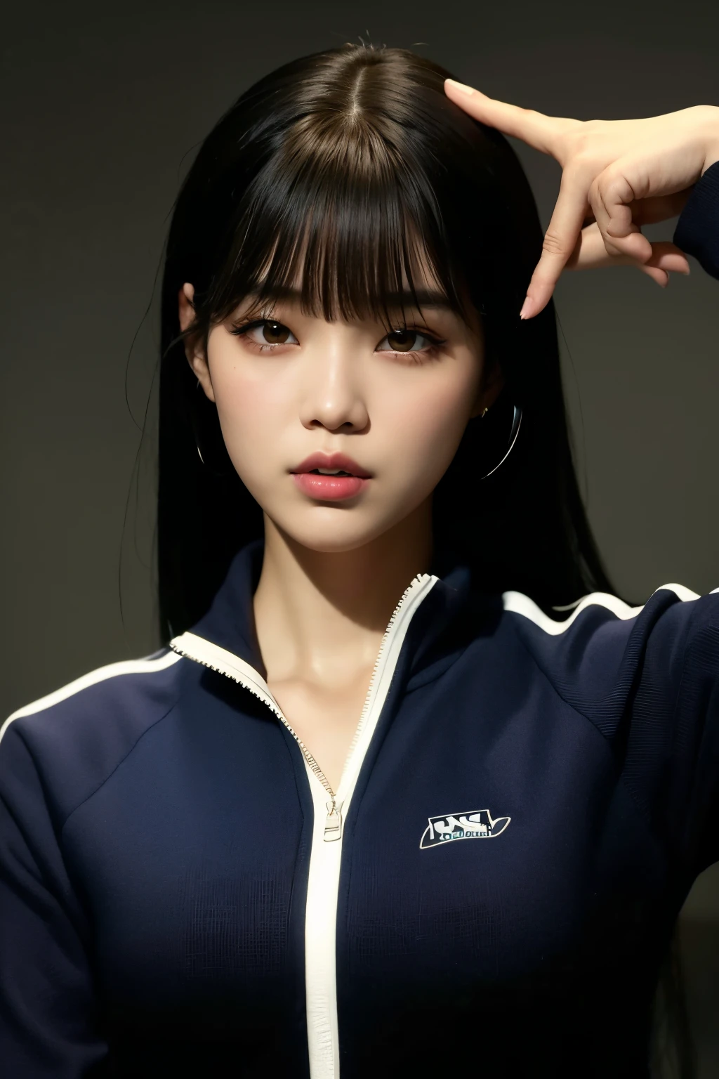 Curvy Asian woman with long black hair and a blue jacket, Lalisa Manobal, Lalisa Manoban do Blackpink, Ela tem cabelo preto como franja, Foto de perfil do headshot, como franja, como uma tira completa, Lee Ji-eun, Lee Ji - Eun, Parque Ji-min, coreana, cabelo arrumado como franja, Jinyoung Canela, Jaeyeon Nam