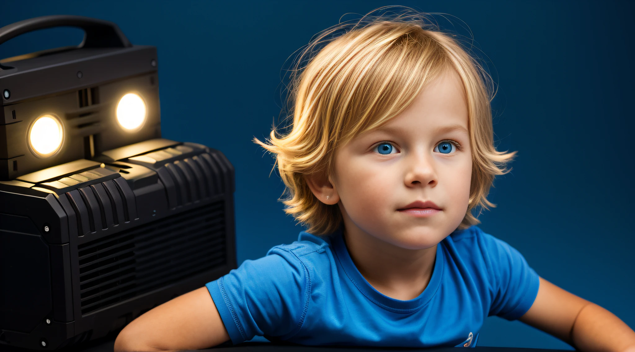 a close-up of a blonde child sitting on a drum set, luzes de fundo azuis, Laser azul.
