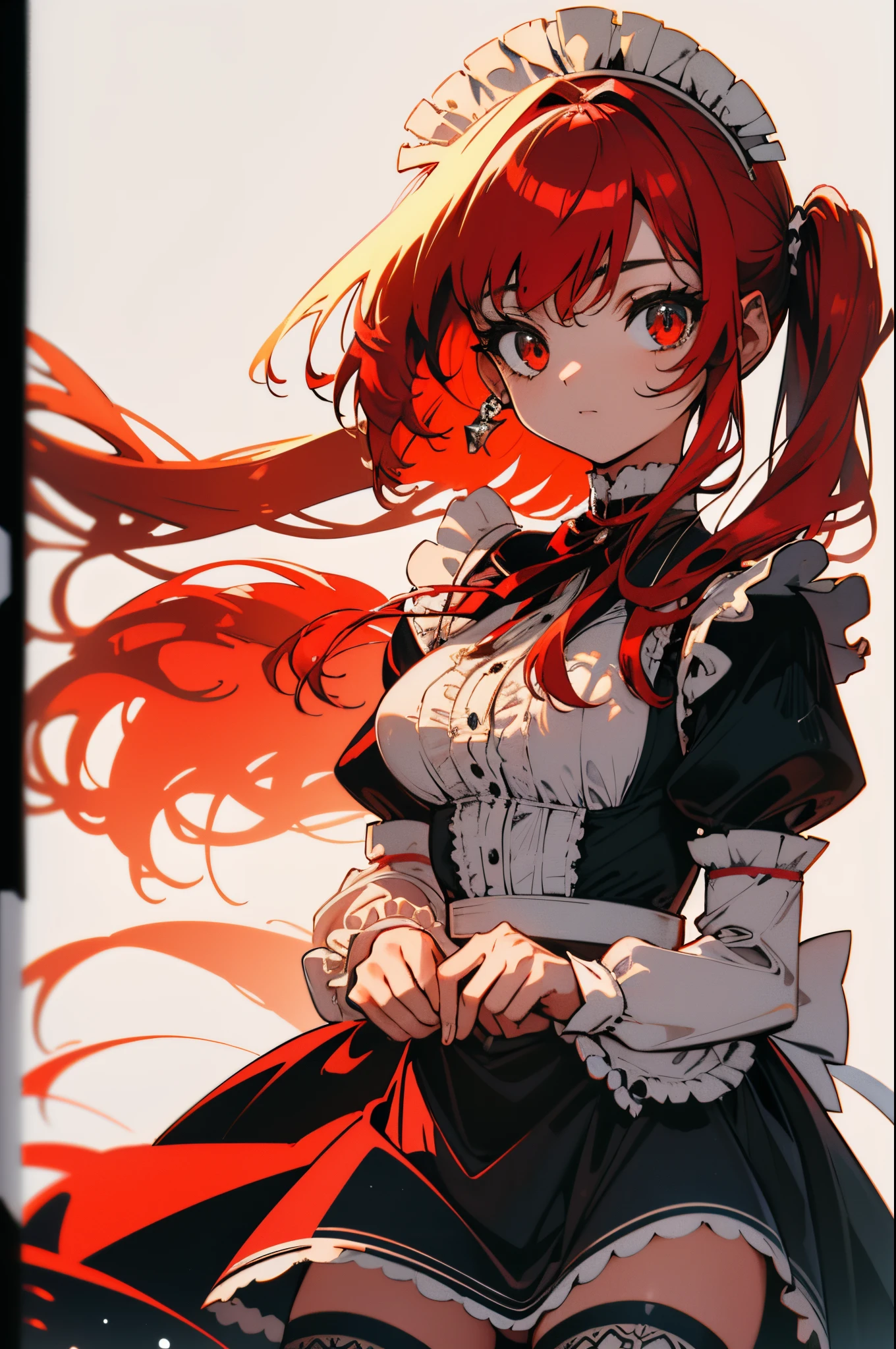 masterpiece, best quality, sharp focus, absurdres, ++ 1girl, solo, fantasy, maid outfit, cassical maid, old fashion victorian, red hair, twin ponytails, very long hair, straight hair, thighhighs, medium breasts, looking at viewer, upper body, close-up